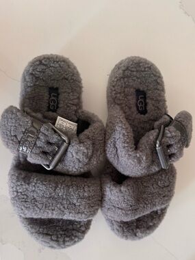UGG Women's Grey Shearling Buckle Slide Slippers